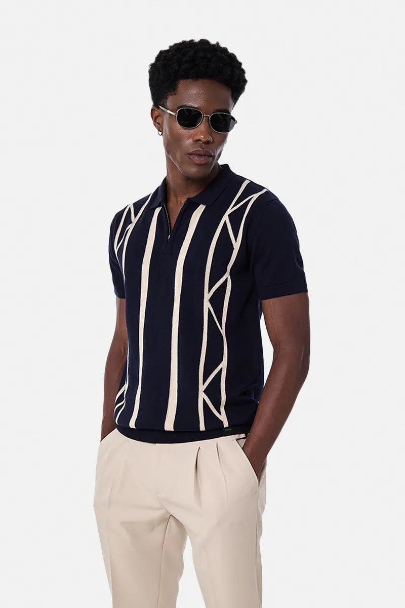 Flat Knit Stripes Zipper Polo T-Shirt
