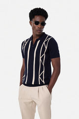 Flat Knit Stripes Zipper Polo T-Shirt