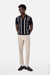 Flat Knit Stripes Zipper Polo T-Shirt