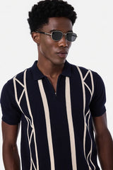 Flat Knit Stripes Zipper Polo T-Shirt