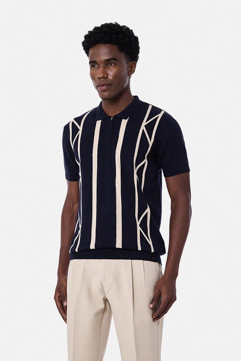 Flat Knit Stripes Zipper Polo T-Shirt